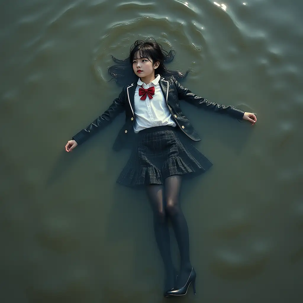 A young schoolgirl in a school uniform, with a skirt, jacket, blouse, dark tights, high-heeled shoes. She swims in a dirty pond, lies under water, in water up to her neck, the whole body is under water, submerged in water, under the surface of the water, all clothes are completely wet, clothes are soaked through, there are no dry areas of clothing, wet clothes stick to the body.