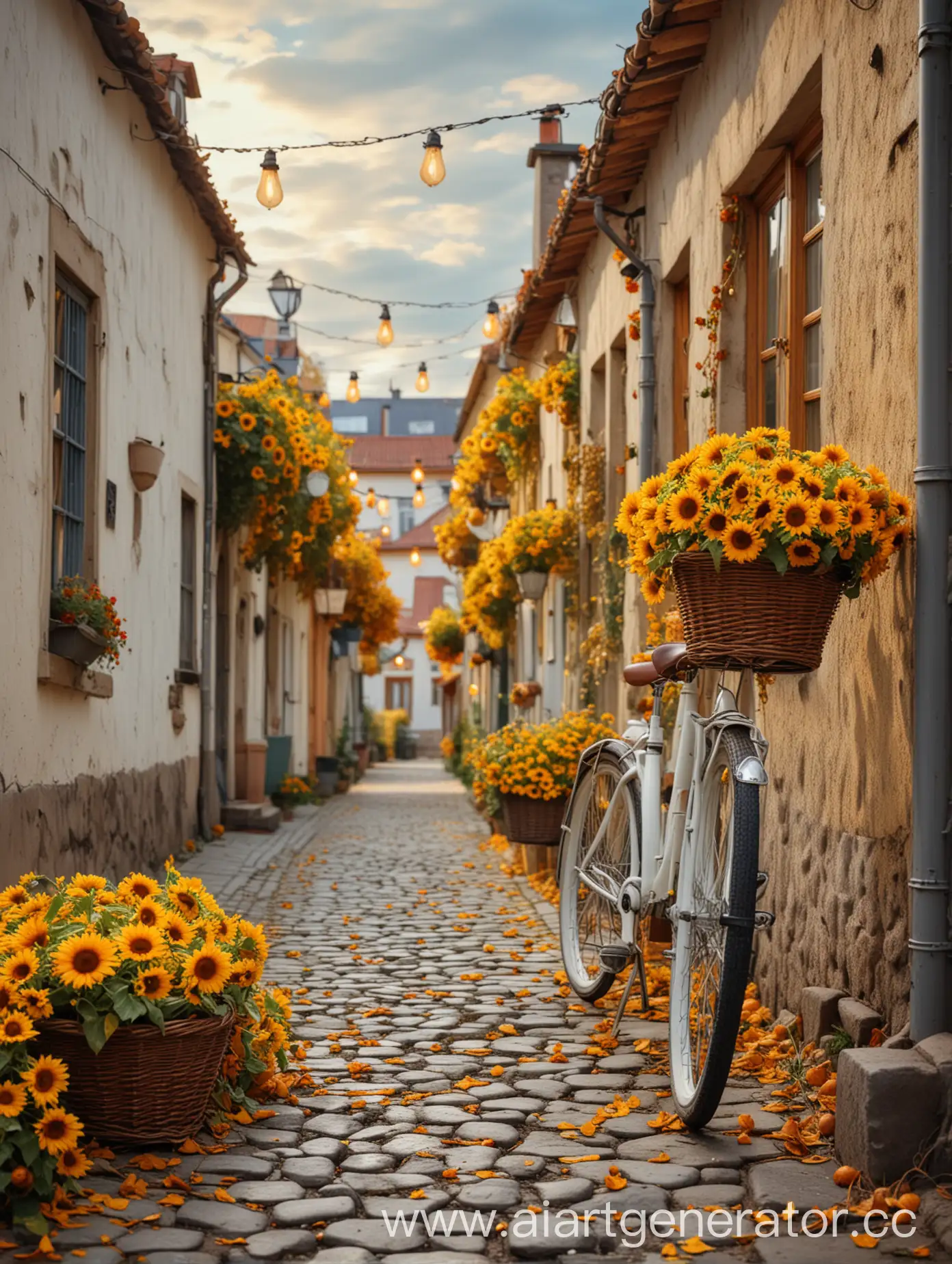 Autumn-Street-Perspective-with-Bicycle-and-Sunflowers