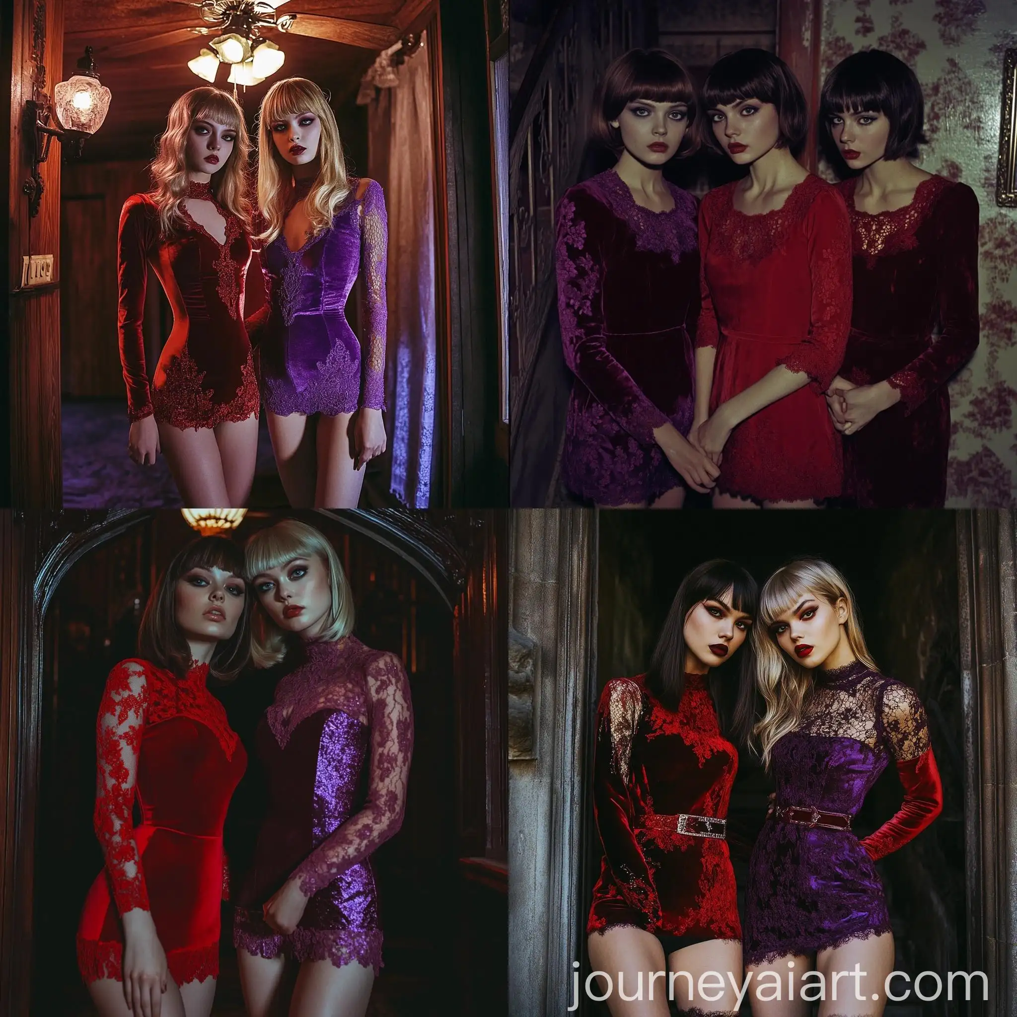 1960s-Horror-Film-Style-Photoshoot-with-Red-and-Purple-Velvet-Dresses