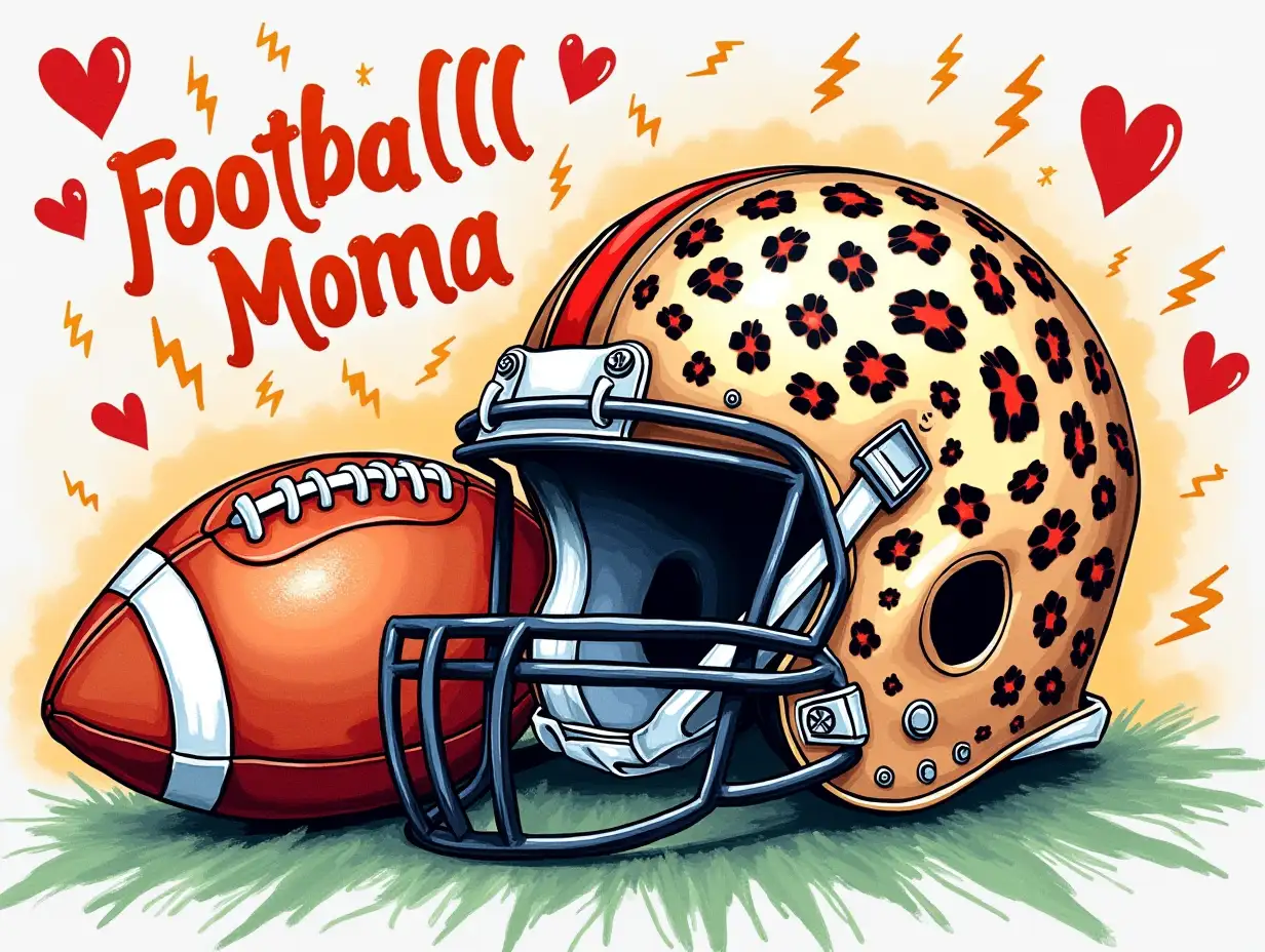 vector, Alcohol Ink, 64k. A vibrant football-themed scene with a playful and energetic atmosphere. A leopard-print football helmet sits beside a brown and white football, surrounded by hearts and lightning bolts. A checkered background adds to the dynamic feel. The overall style is detailed and colorful, with a focus on the excitement and passion of being a football mom. featuring the word 'Football Mama' in bold, center.