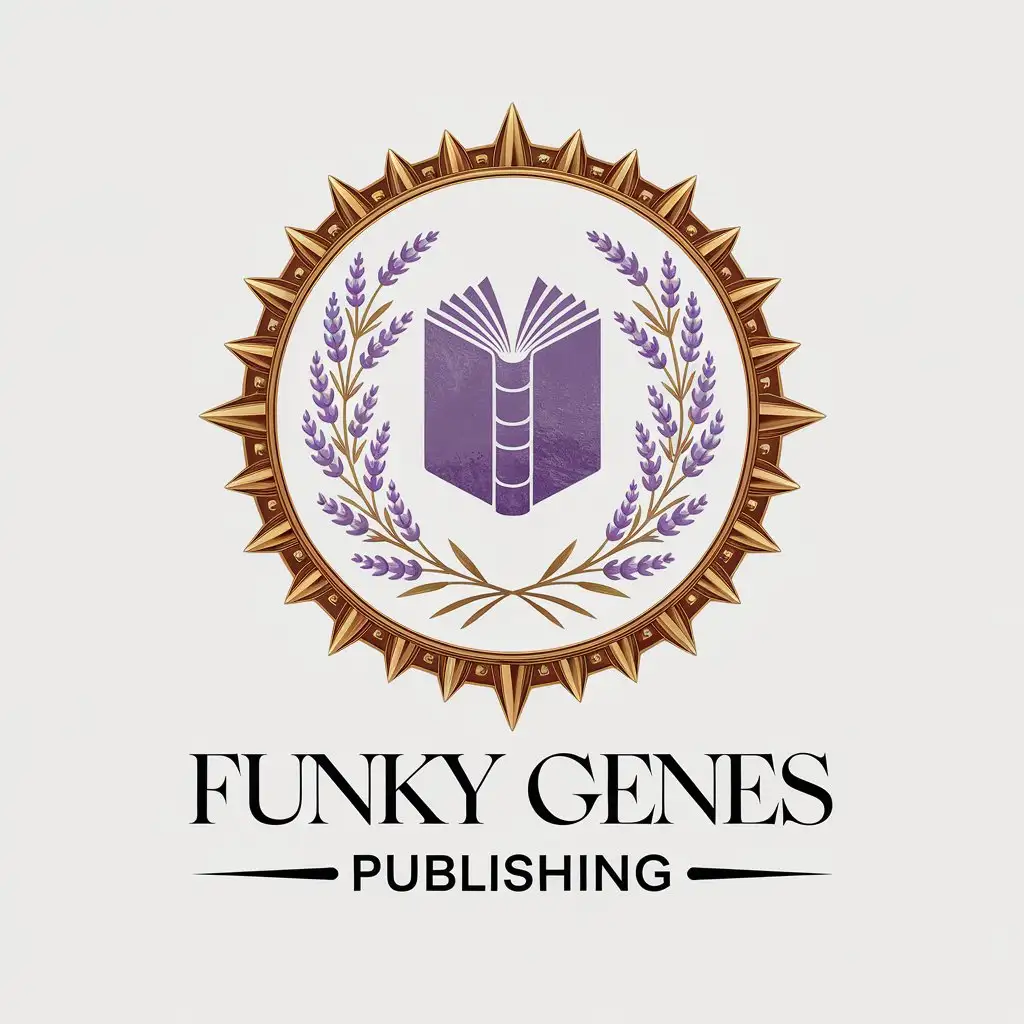 LOGO Design for Funky Genes Publishing Book in Wreath with Lavender Sprigs Gold Embossed Art Deco Border