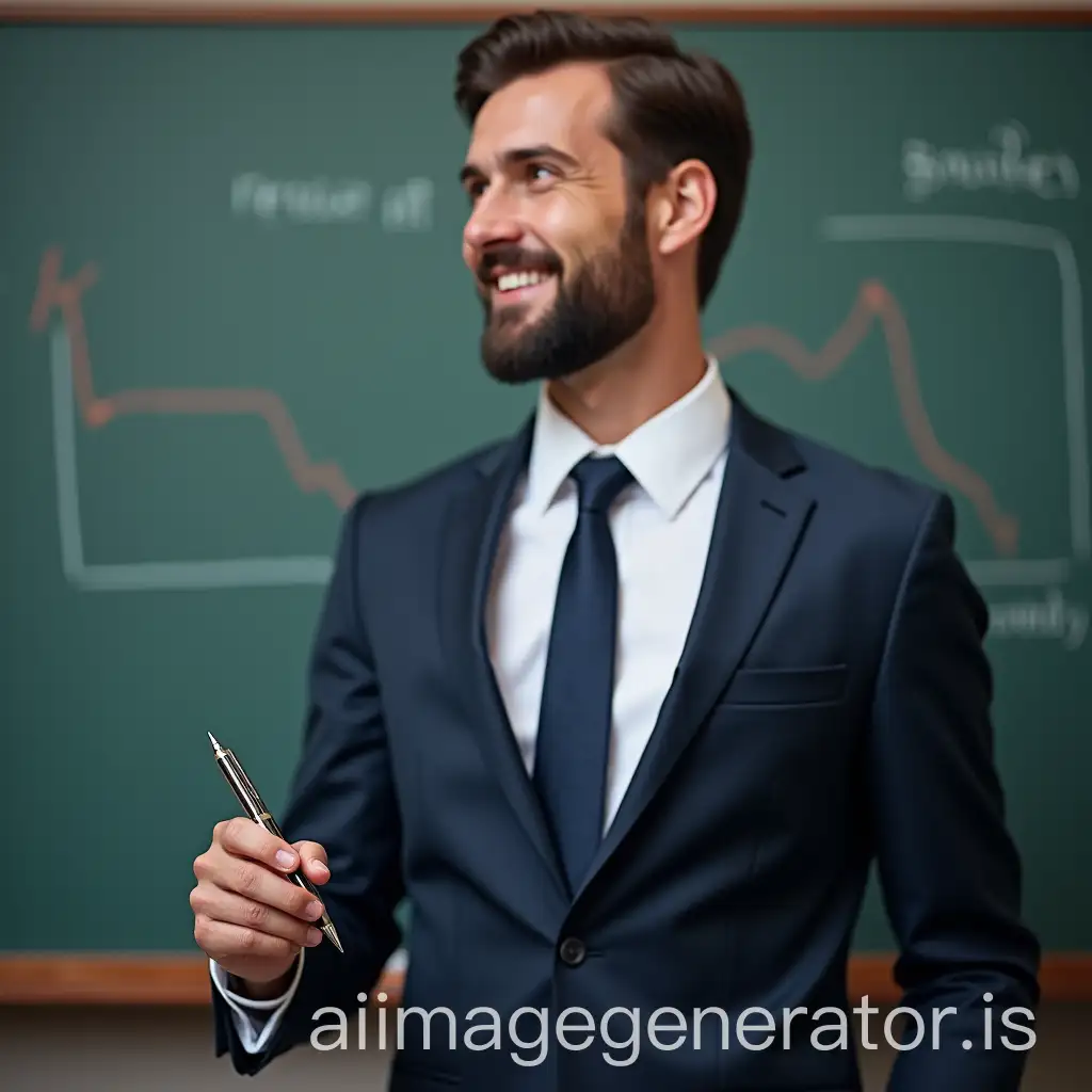 a man in a suit with a pen in hand then a board behind this man. The image should illustrate accounting