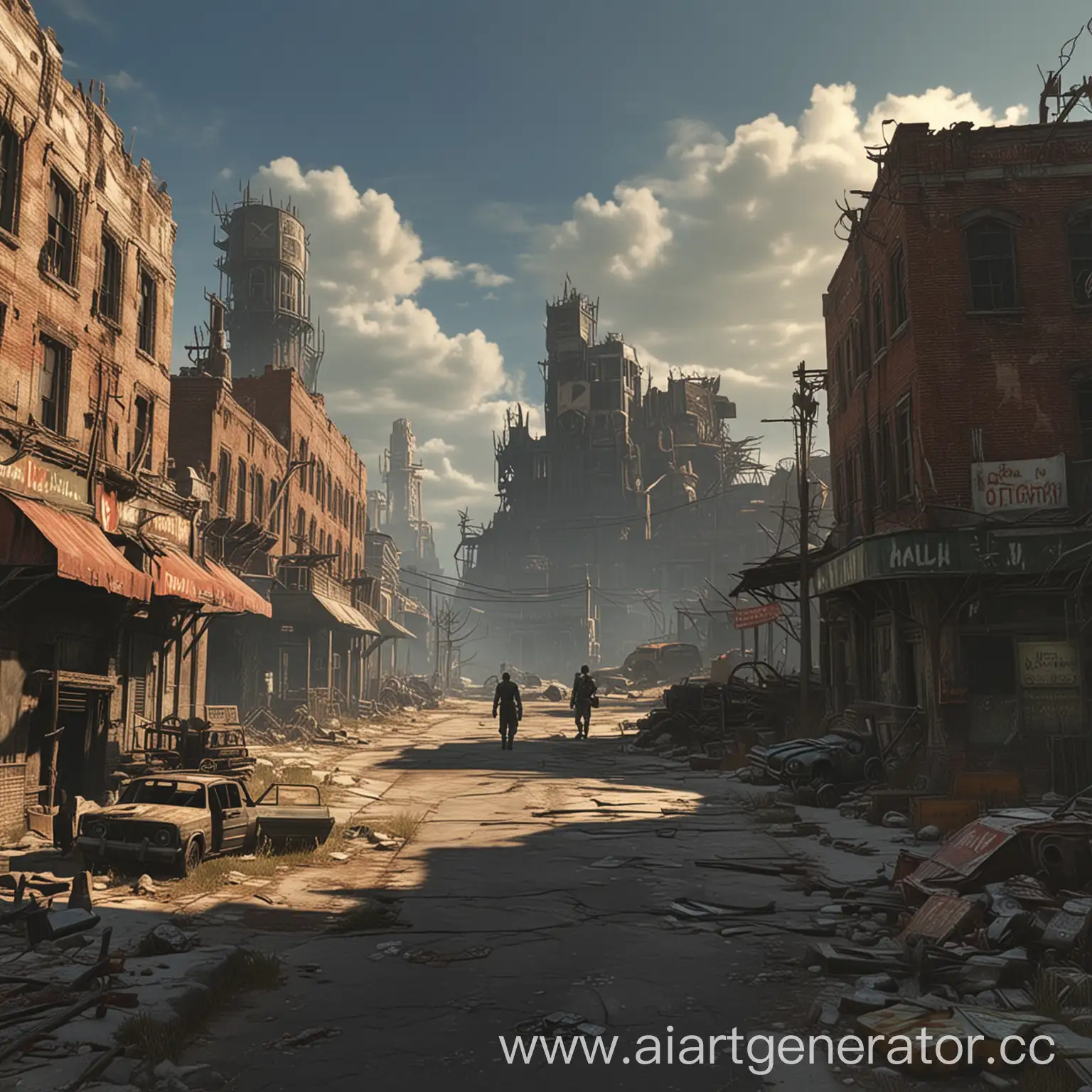 Exploring-Ruined-Cityscape-in-Fallout-4-Video-Game