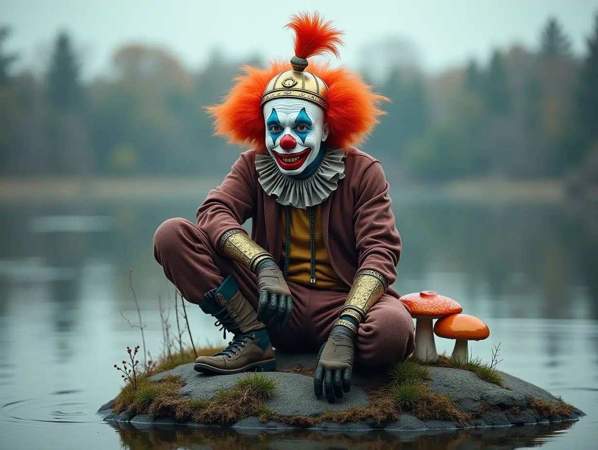Clown Helm,Stones,Mushrooms,Roots,Bones with Full Body Armor at the lake full body feathers on a rock 4K resolution