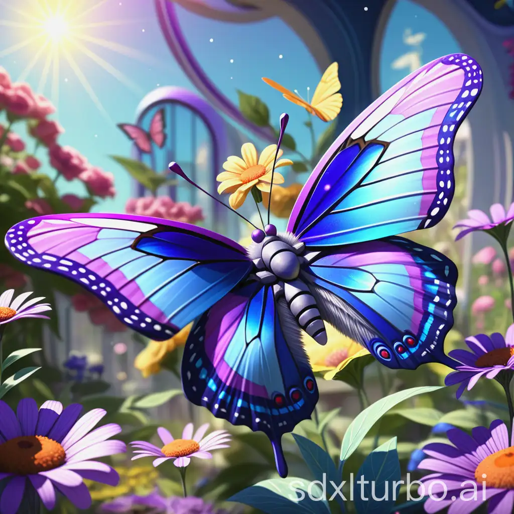 Blue-and-Purple-Striped-Butterfly-in-a-Sunny-Garden-with-Blooming-Flowers