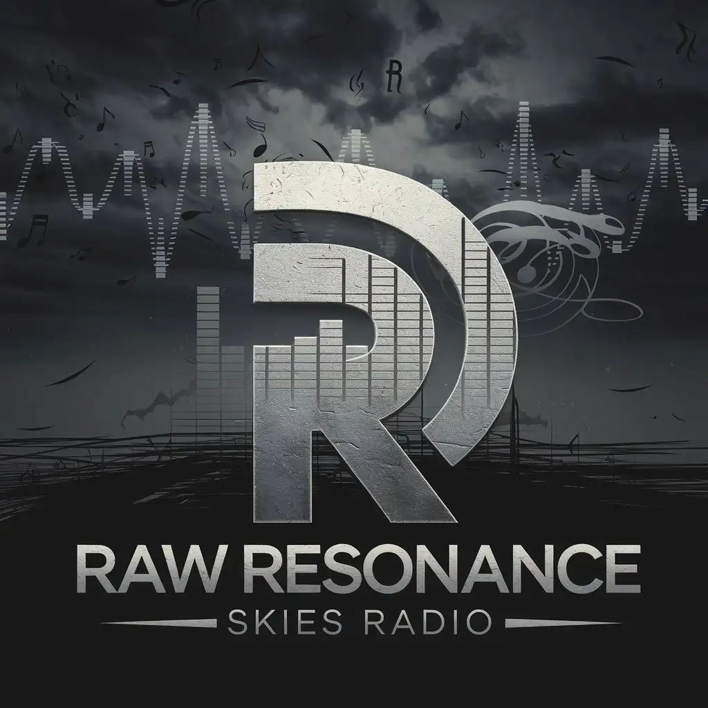 LOGO Design for Raw Resonance Skies Radio Photorealistic Dark Grim World with Radiowaves and Equalizer Theme