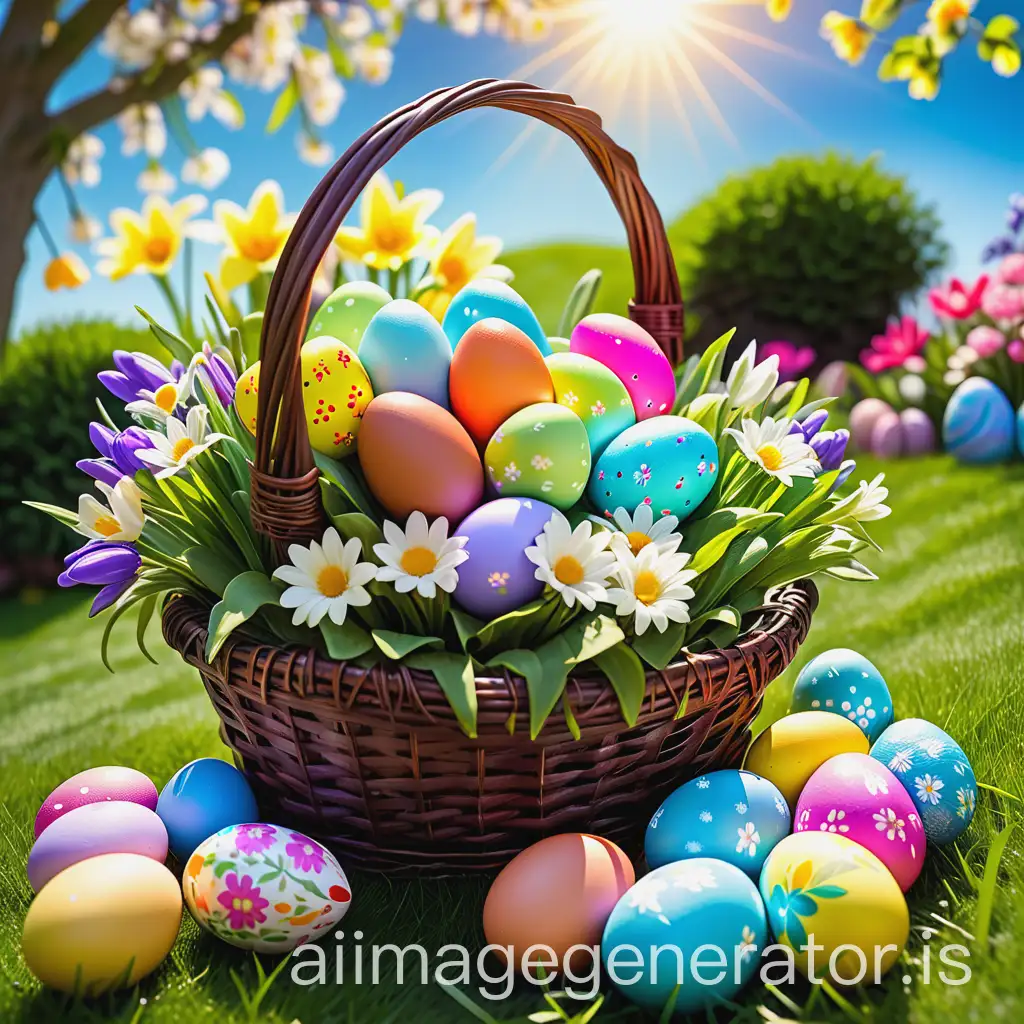 Vibrant-Spring-Celebration-in-Sunny-Garden-with-Colorful-Easter-Eggs