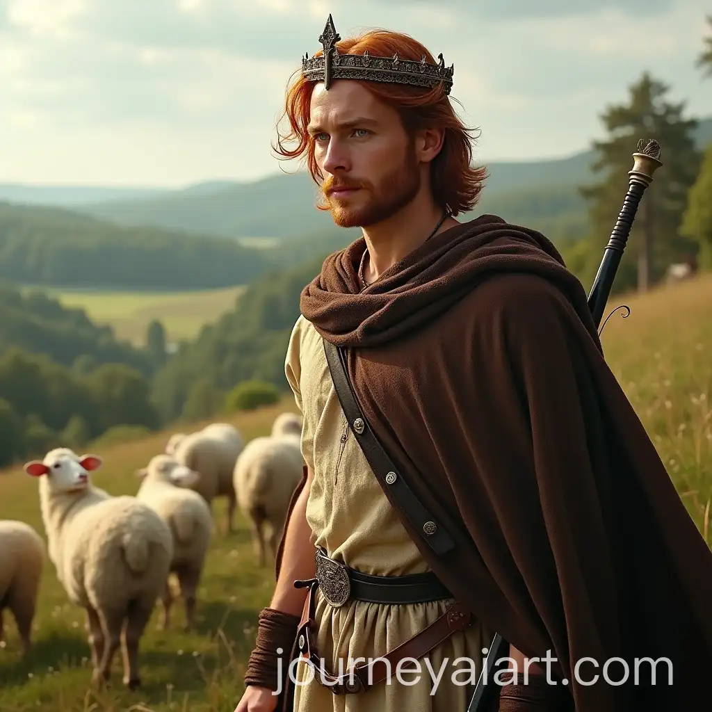 AuburnHaired-Man-with-Crown-and-Harp-Overlooking-Sheep-Field-in-1000-BC