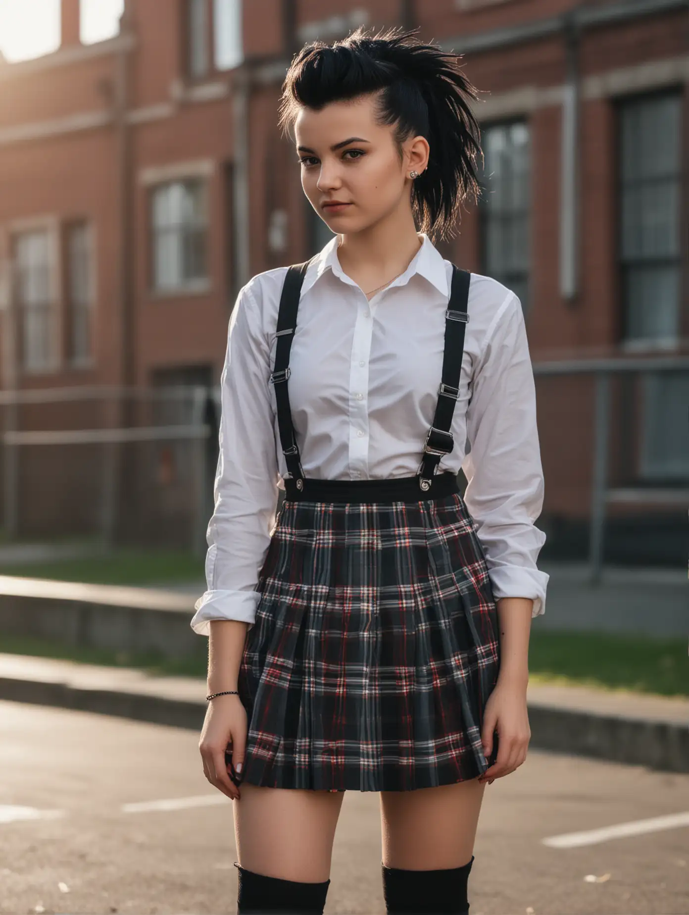 school-yard.  young goth-girl with mohawk-style jet-black hair, school white shirt and plaid skirt, cleavage. The background is slightly blurred, showcasing school-yard. taken using a Canon EOS R camera with a 50mm f/ 1. 8 lens, f/ 2. 2 aperture, shutter speed 1/ 200s, ISO 100 and natural light, Hyper Realistic Photography, Cinematic, Cinema, Hyperdetail, Ultrahd, , ultrahd, hdr, 8k