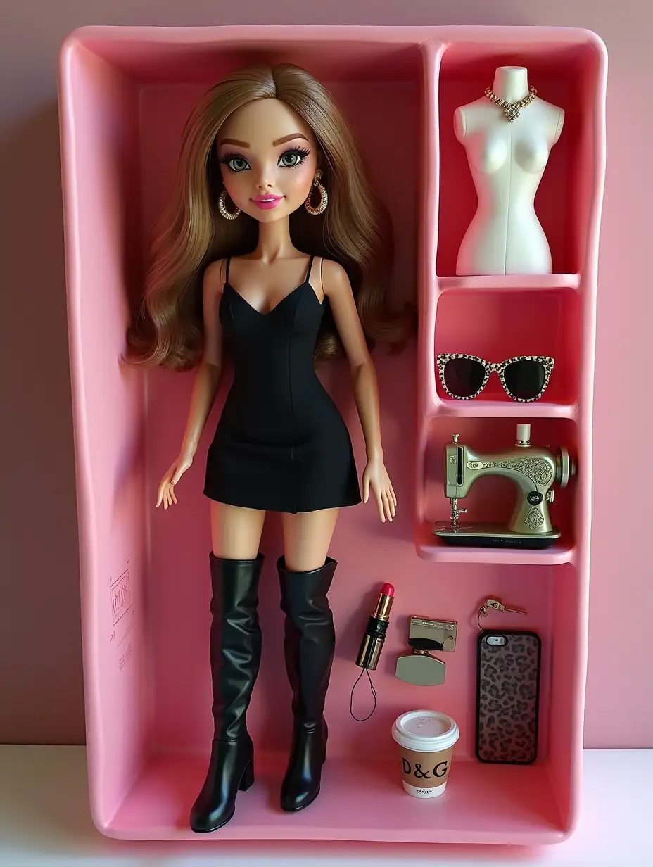 Create art using my photo: 3D doll in the style of Bratz, made of soft touch plastic. The character is full-length, with medium light-brown hair, brown-green eyes. Clothes - a black dress to the middle of the thigh, black over-the-knee boots on her feet. Massive gold earrings in her ears. The doll lies in a plastic recess that repeats her silhouette. Create a collectible action figure of a person - like an expensive toy in a package. Style: as realistic as possible, like for advertising or stories (ratio 9:16). Name: Maria - the letters are imprinted and engraved on the box. Accessories inside the box: sewing machine, dressmaker's mannequin, coffee cup, sunglasses with a leopard frame, lipstick, D&G belt, pink iPhone. Accessories inside the box are laid out next to the doll in their places in separate cells.