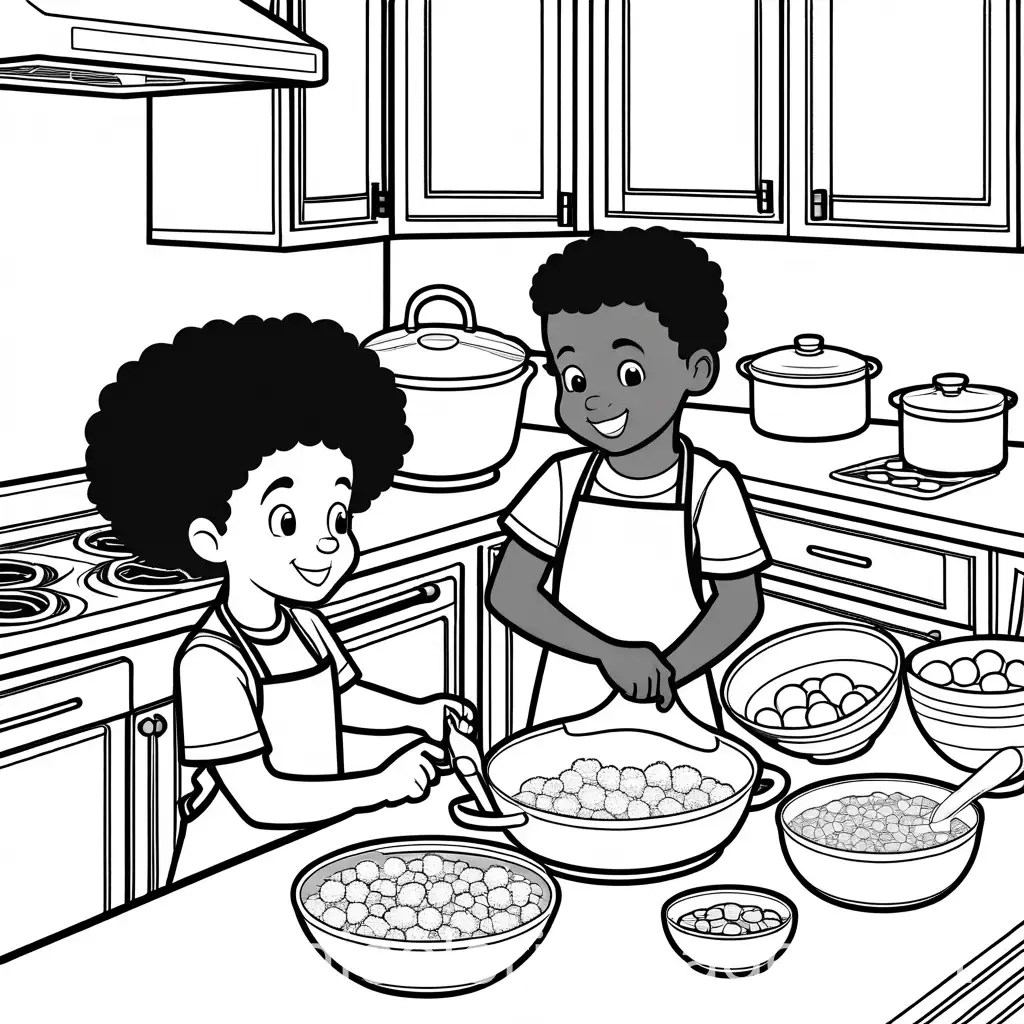 Black-Children-Cooking-Coloring-Page-Line-Art-on-White-Background