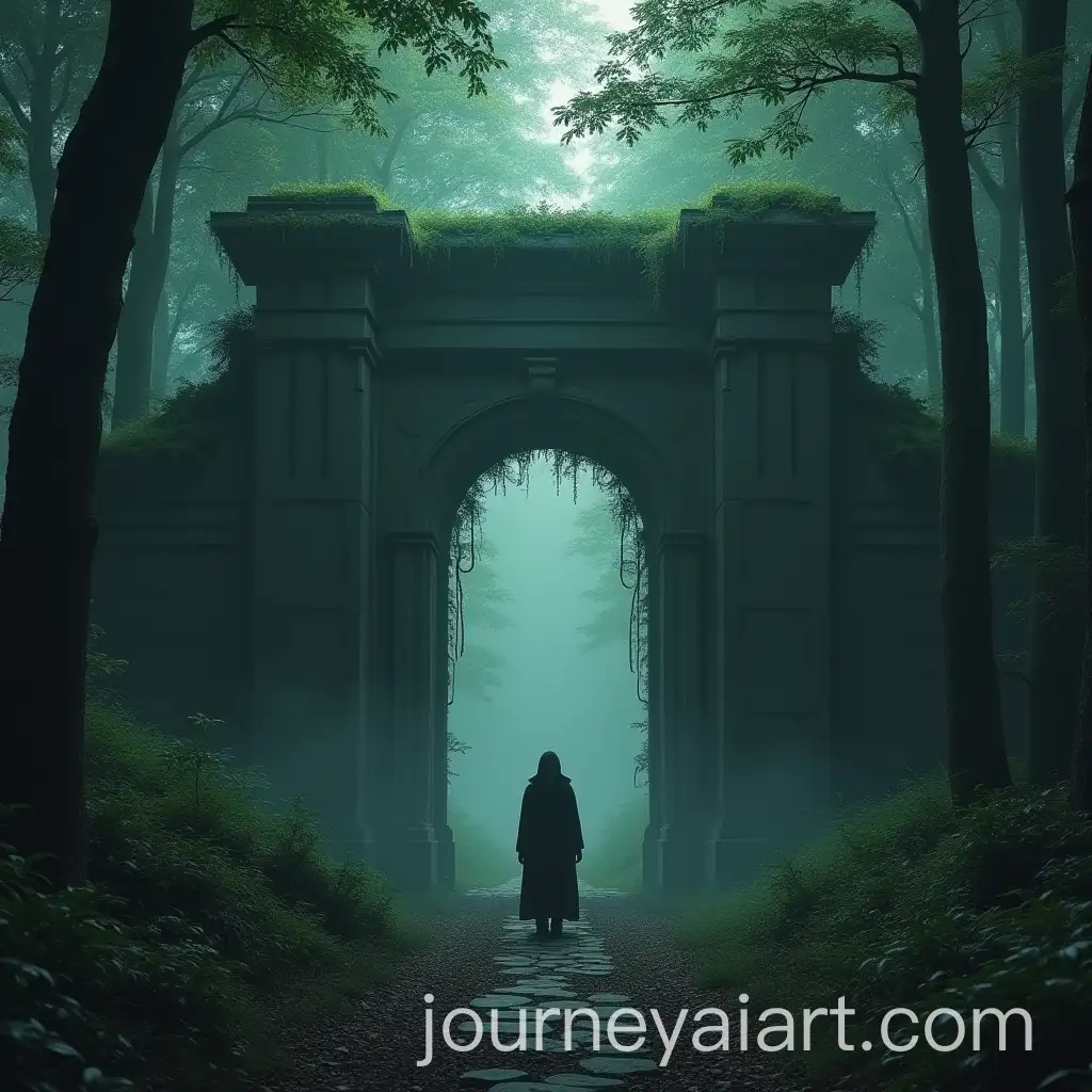 Lone-Figure-Approaching-Ancient-Hidden-Gates-in-Mystical-Forest