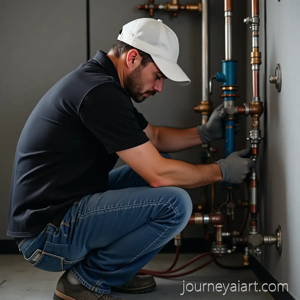 Technician-Kneeling-to-Fix-Pipes-Wearing-Black-Polo-and-White-Cap
