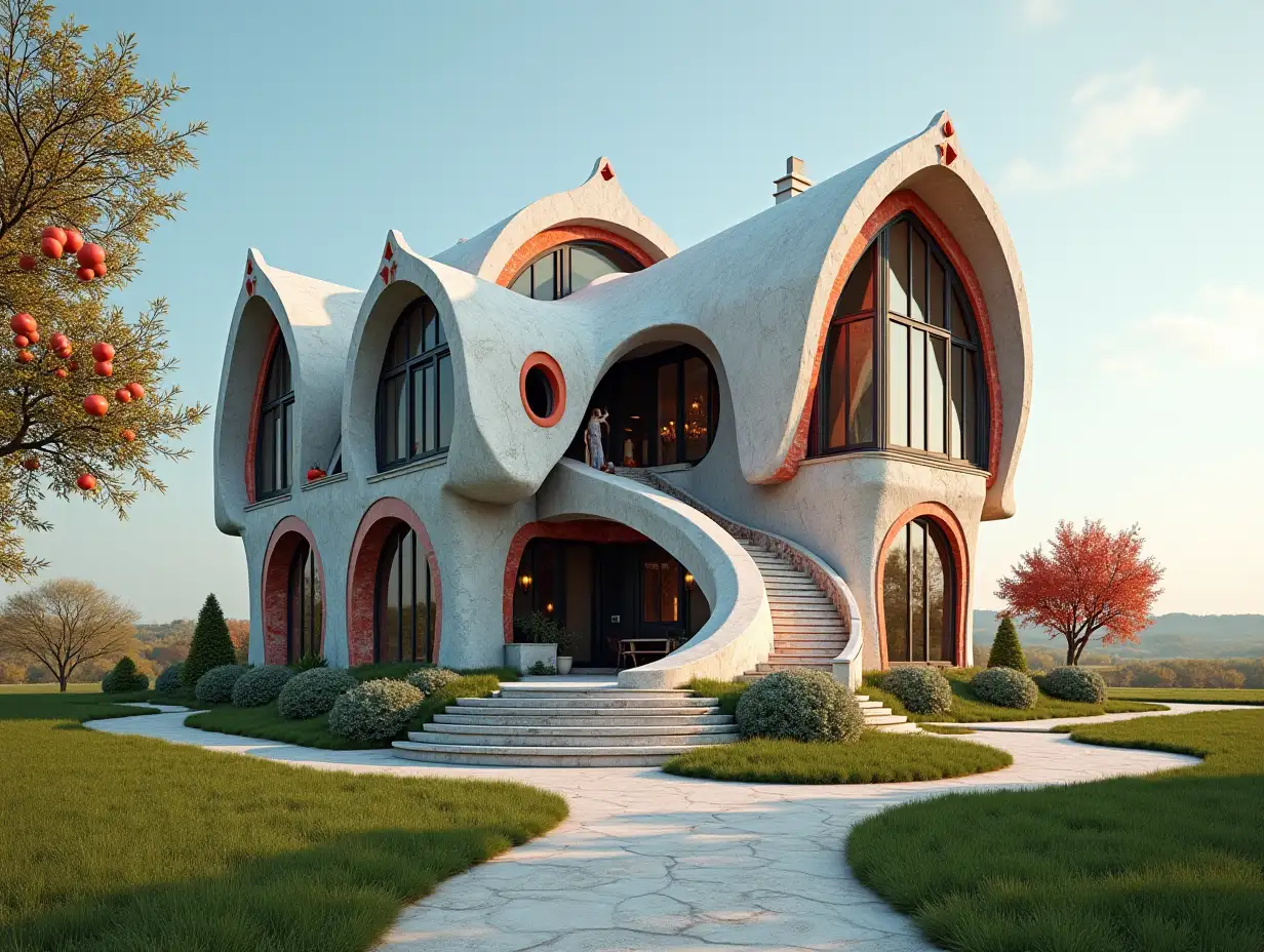 crooked house in the prairie - with bronze sculptures with red ornamentation in the form of triangular patterns, white roof, large windows with glass, curved, rough window shapes, winding grand entrance staircase made of marble, a complex curved roof with dike, lanterns, bench apple tree 4K resolution colorful superwide-angle shots