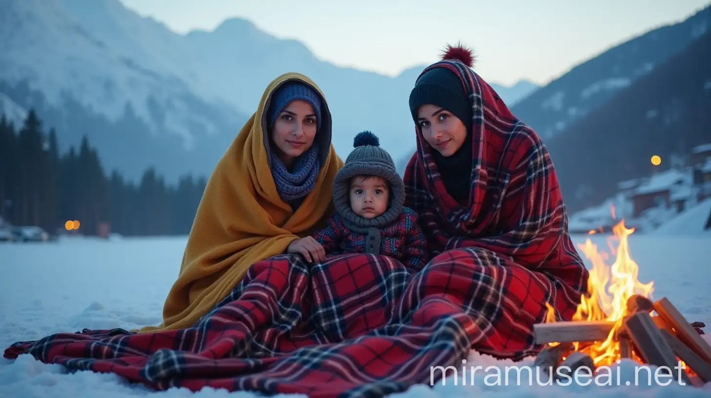 Women and Child from Uttarakhand Enjoying a Winter Bonfire