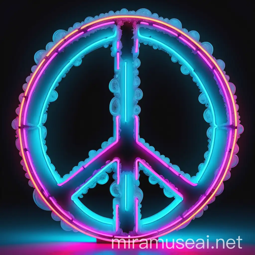 Vibrant Neon Peace Symbol Illuminated in Ice Blue