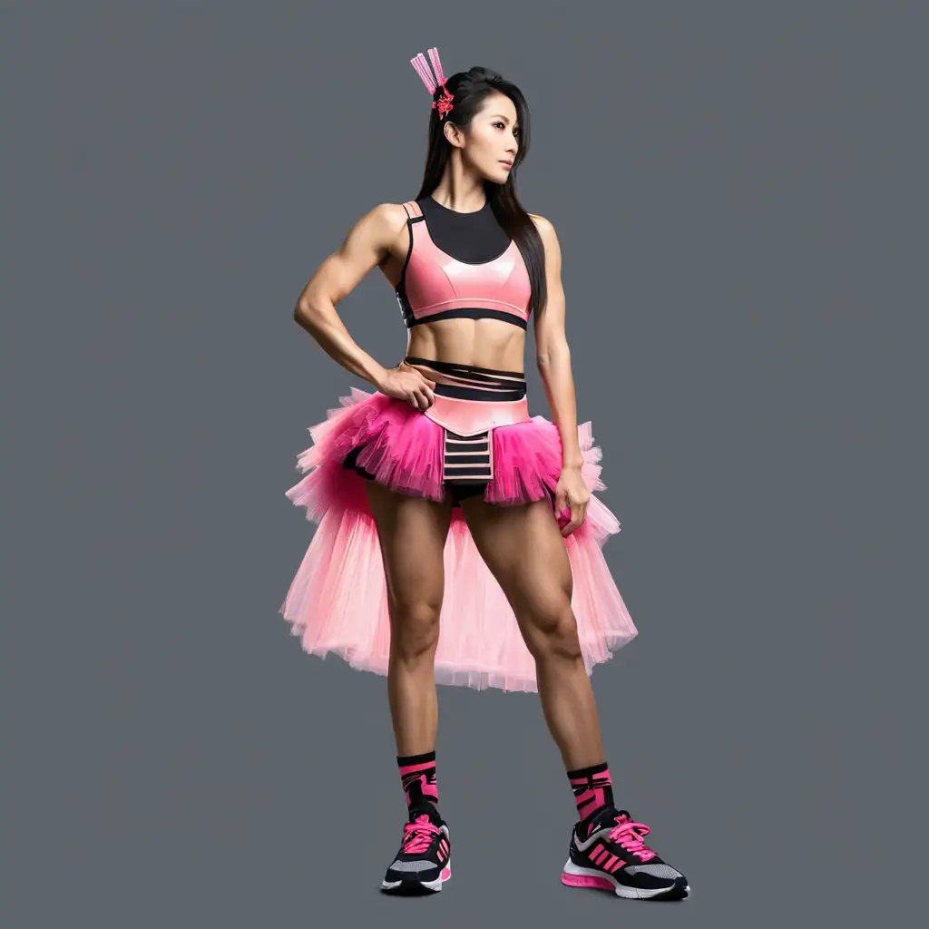 Muscular Japanese Woman Bodybuilder in Pink Samurai Armor and Tutu