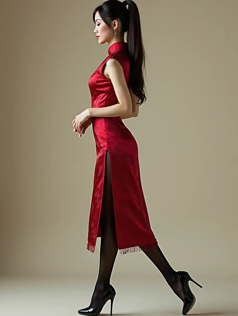 Chinese woman, high ponytail, cheongsam, black silk stockings, high heels