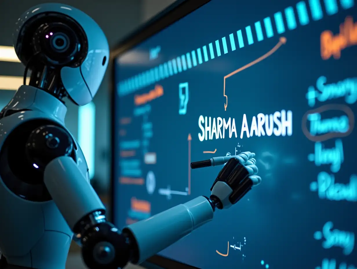 A robot writes a name of SHARMA AARUSH on the smart board