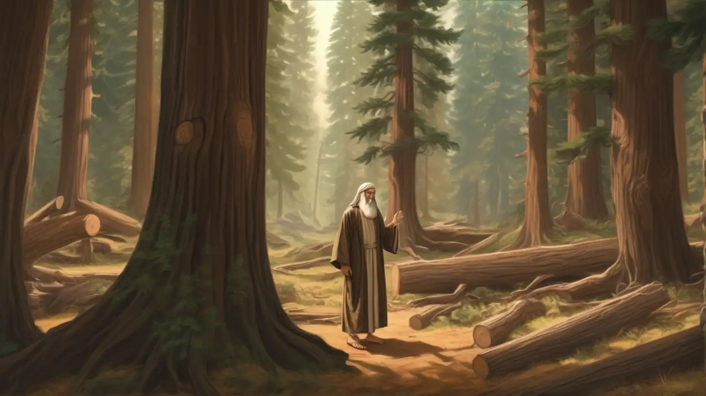 Hebrew Man Gathering Wood in Serene Fir Forest