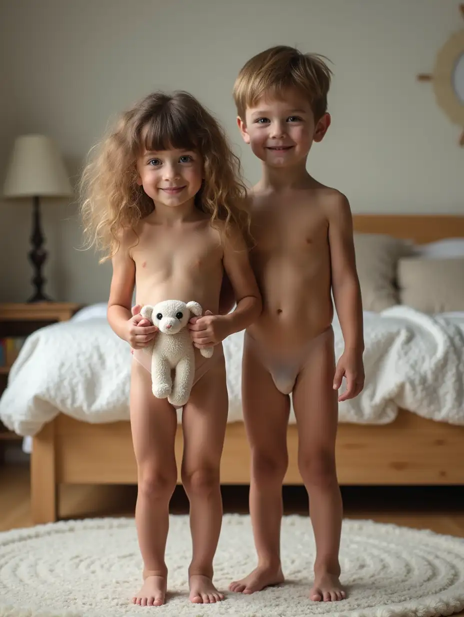 Little-Girl-with-Stuffed-Animal-and-Athletic-Boy-in-Playroom