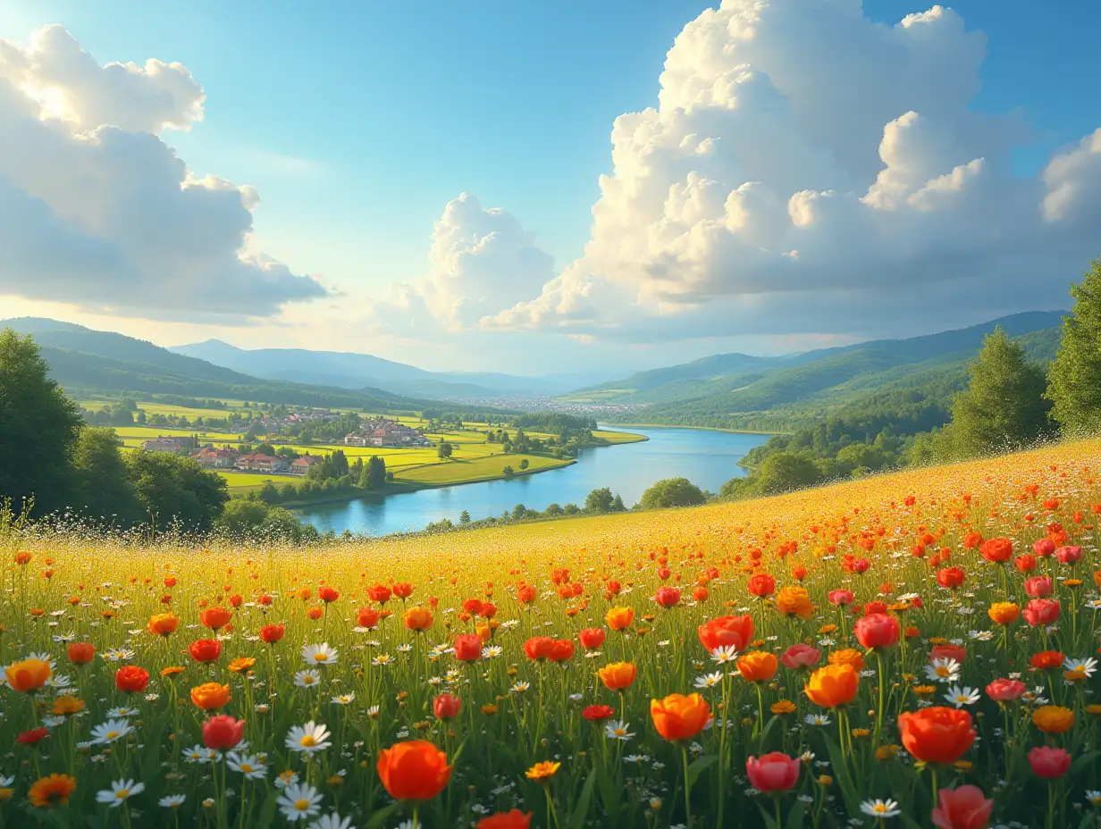 photo of gradient. Smallest details. Spring. Multicolored blooming of fruit trees. Macro shooting of flowers around the meadow, Endless fields. River with blue water. Village in the distance without a church. Forests on the horizon. Very colorful and bright. Cumulus multicolored clouds Quality 32k. View from the garden through the flowers