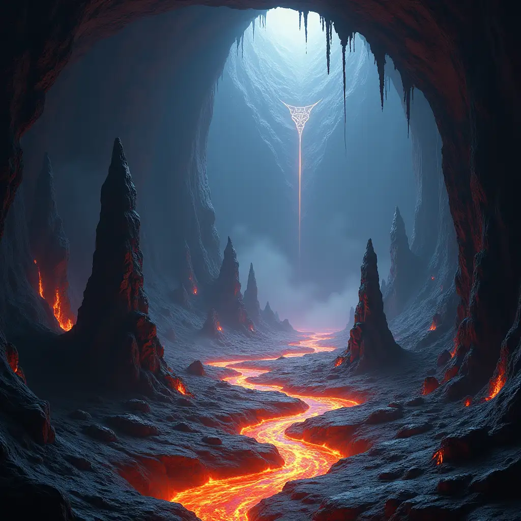 A vast underground volcanic cavern, jagged spires of rock rise from the cracked floor, glowing rivers of molten lava pulse through the landscape. The oppressive heat radiates from the ground, and the cavern ceiling is partially collapsed, allowing beams of cool natural light to filter through the haze. Glowing mystical runes are etched into the stone walls, faintly shimmering with ancient magic. Shadows cast by the towering rock formations add depth to the scene, while the molten magma drips from the spires, smoldering in the cavernous darkness. The intense contrast between the fiery lava and the cool light creates an eerie tension, capturing both the raw elemental power of the lava and the arcane presence in the environment. MTG landscape card art in the style of Noah Bradley.