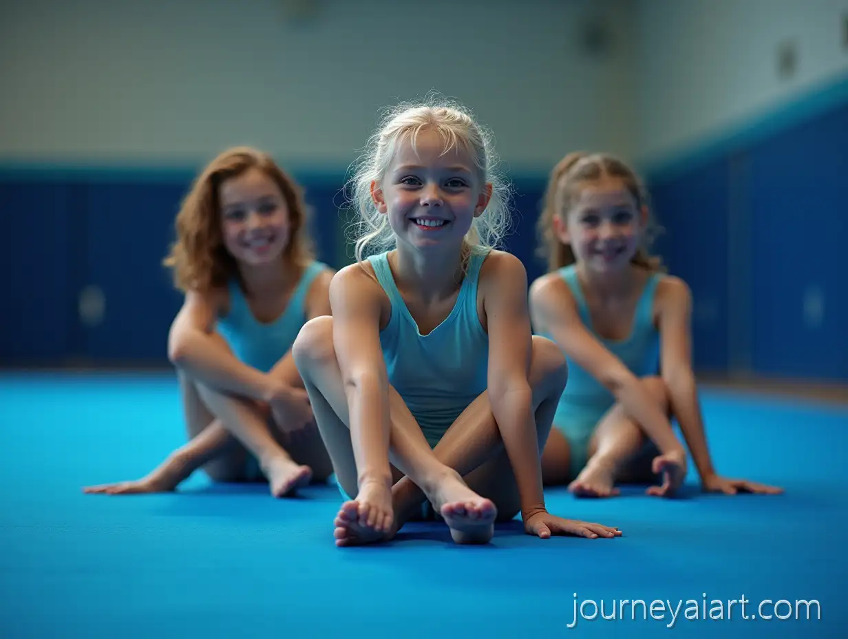 Three-15YearOld-Gymnasts-in-Dynamic-Stretch-RoutineGymnasts-in-Dynamic-Stretch-on-Royal-Blue-Mat