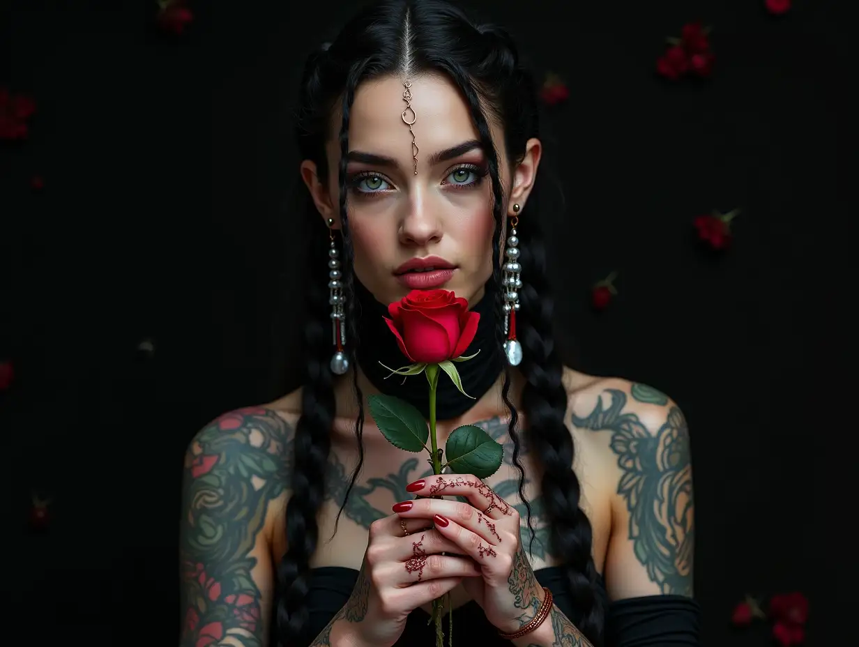 user_prompt: Hyperrealistic depiction of a beautiful white woman with Henna tattoo, futuristic long black braided hair and laced boots, holding a rose in her hand with intricately detailed, colorful and futuristic jewelry. Blurred black background 120-mm shot