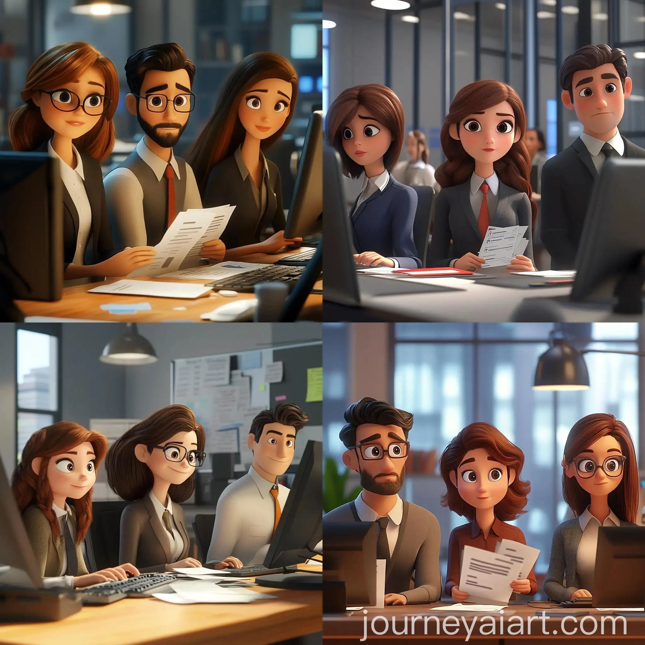 Pixar-Style-Image-of-Three-BrownHaired-Recruiters-Reviewing-Resumes