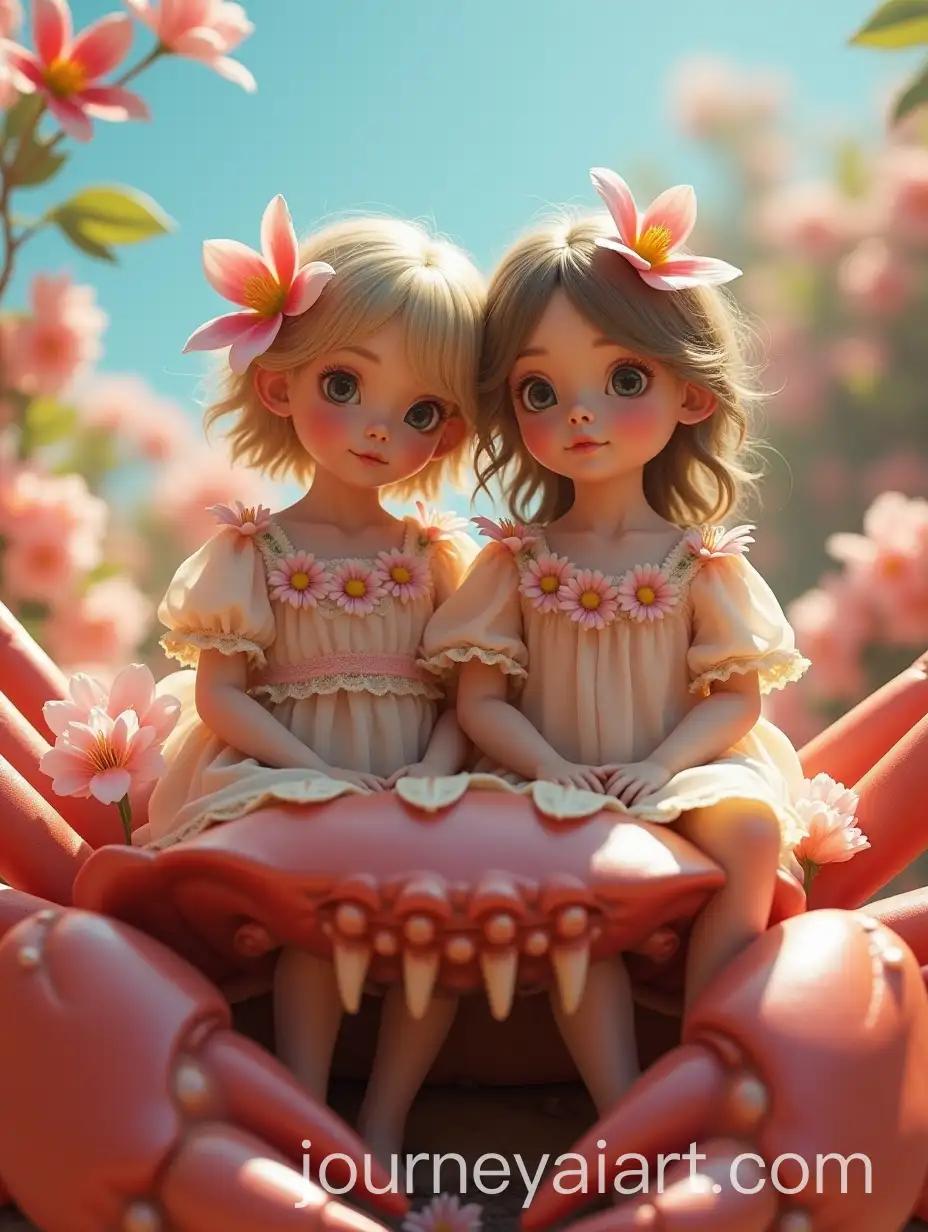 Dreamy-Fantasy-Scene-with-Two-People-on-Giant-Red-Crab-Surrounded-by-Blooming-Flowers