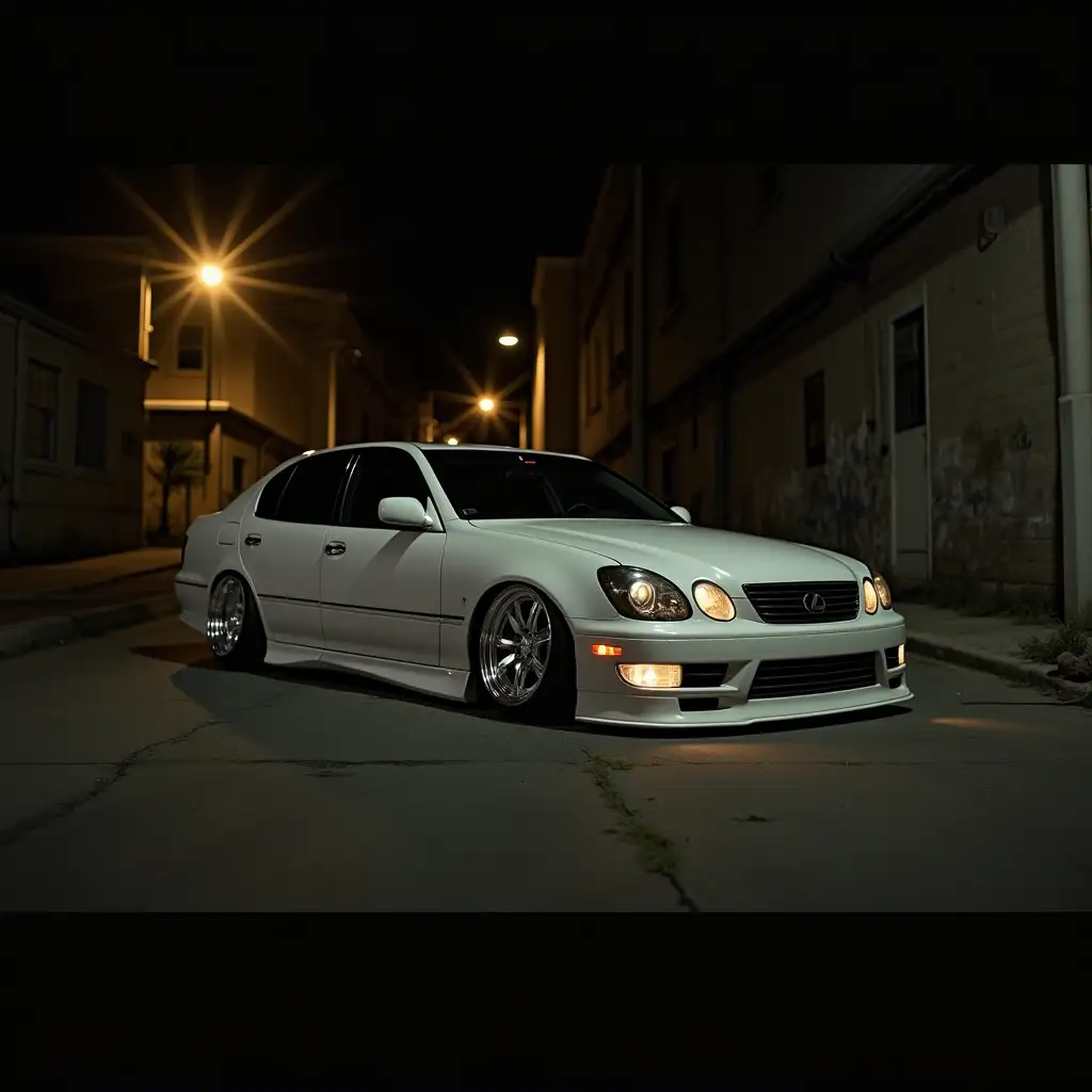 White-Lexus-GS300-JDM-Car-in-an-American-Alley-at-Night-with-Vintage-Camera-Effect