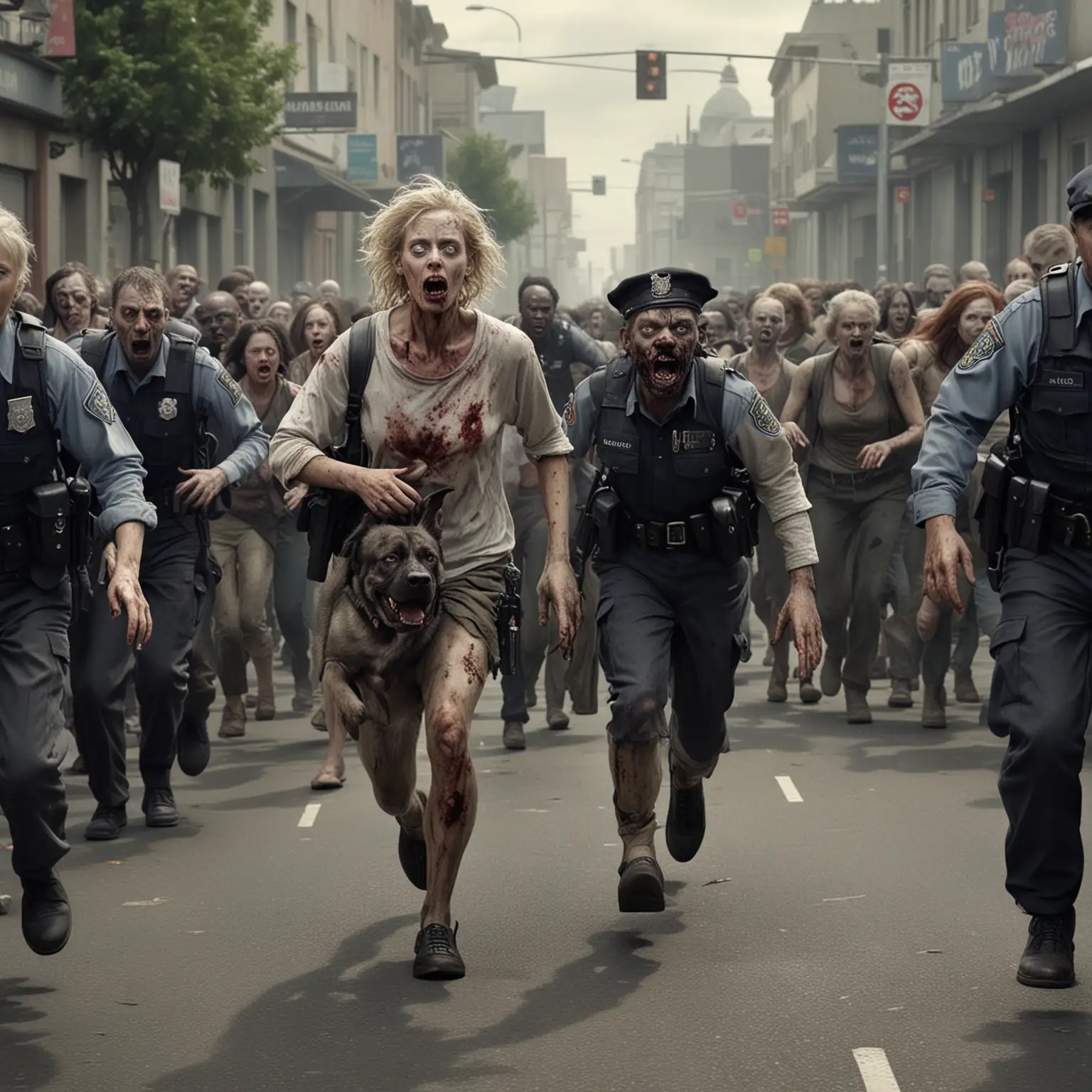 Black humor. Comedy 'Rolf' A terrifying crowd of ugly, rotten zombies and zombie women runs away in fear from a police girl with a huge service dog. Hyperrealism, cinematography, high detail, photorealism,