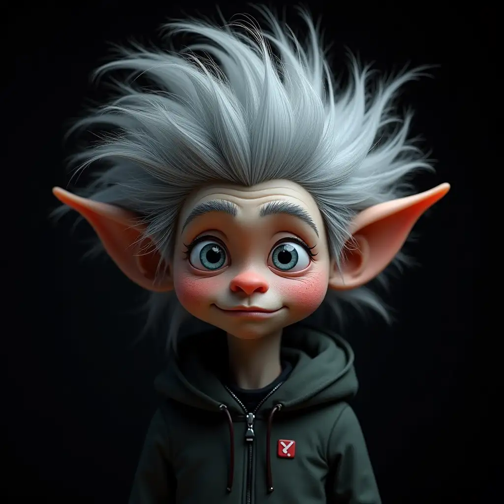 ultra-detailed hyperrealistic portrait Ein troll with gray hair, black background