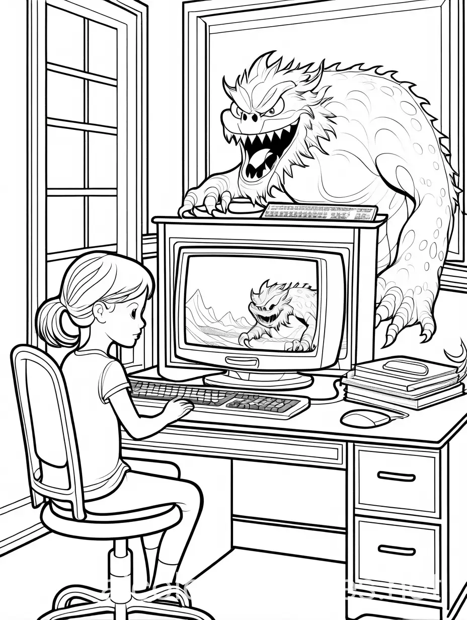 Little girl using a computer on a desk in her room, with a scary monster shwoing on a monitor screen. , Coloring Page, black and white, line art, white background, Simplicity, Ample White Space. The background of the coloring page is plain white to make it easy for young children to color within the lines. The outlines of all the subjects are easy to distinguish, making it simple for kids to color without too much difficulty