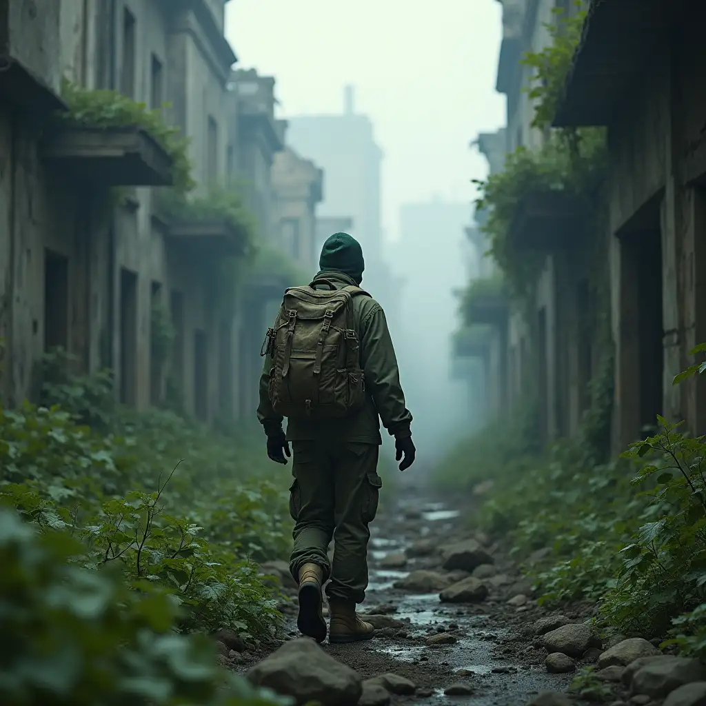 A survivor in a canvas camouflage and with a backpack is making his way through the heavily ruined mysterious ruins of a city overgrown with greenery.