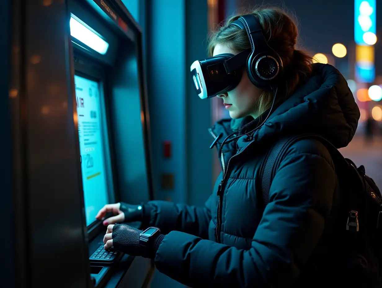 a young geared female hacker on a street at night, programming atm machine, wearing puffer jacket, vr goggles, headphones, tight interactive cybernetic collar, smartwatch over electronic gloves, lots of wearable cyberpunk hardware, many wires connected from atm to gloves