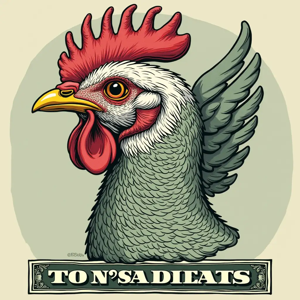 female chicken head in the style of a president on a dollar bill