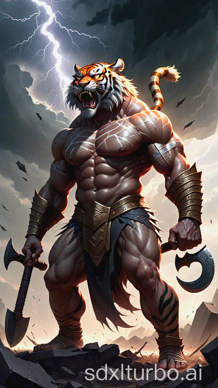 Ancient war god Inciten, fearless despite being headless, burly build, and muscles with clear as sculpture lines. His nipples turned into glittering eyes like a god, his navel became his roar. A tiger skin skirt wrapped around his waist, wild and primitive, holding a giant axe and firm shield, showing unyielding battle stance. He stands on the overlapping light and shadow of the battlefield, surrounded by rolling war clouds and lightning, with cracks in the ground under his feet, as if every step makes the earth shake. Soft light shines from the horizon, illuminating his heroic posture, creating a epic atmosphere.