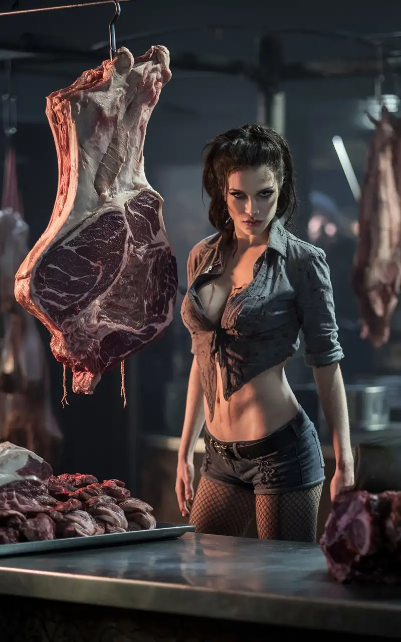 Cinematic-Dark-Fantasy-Meat-Shop-with-Beautiful-Yet-Cruel-Woman