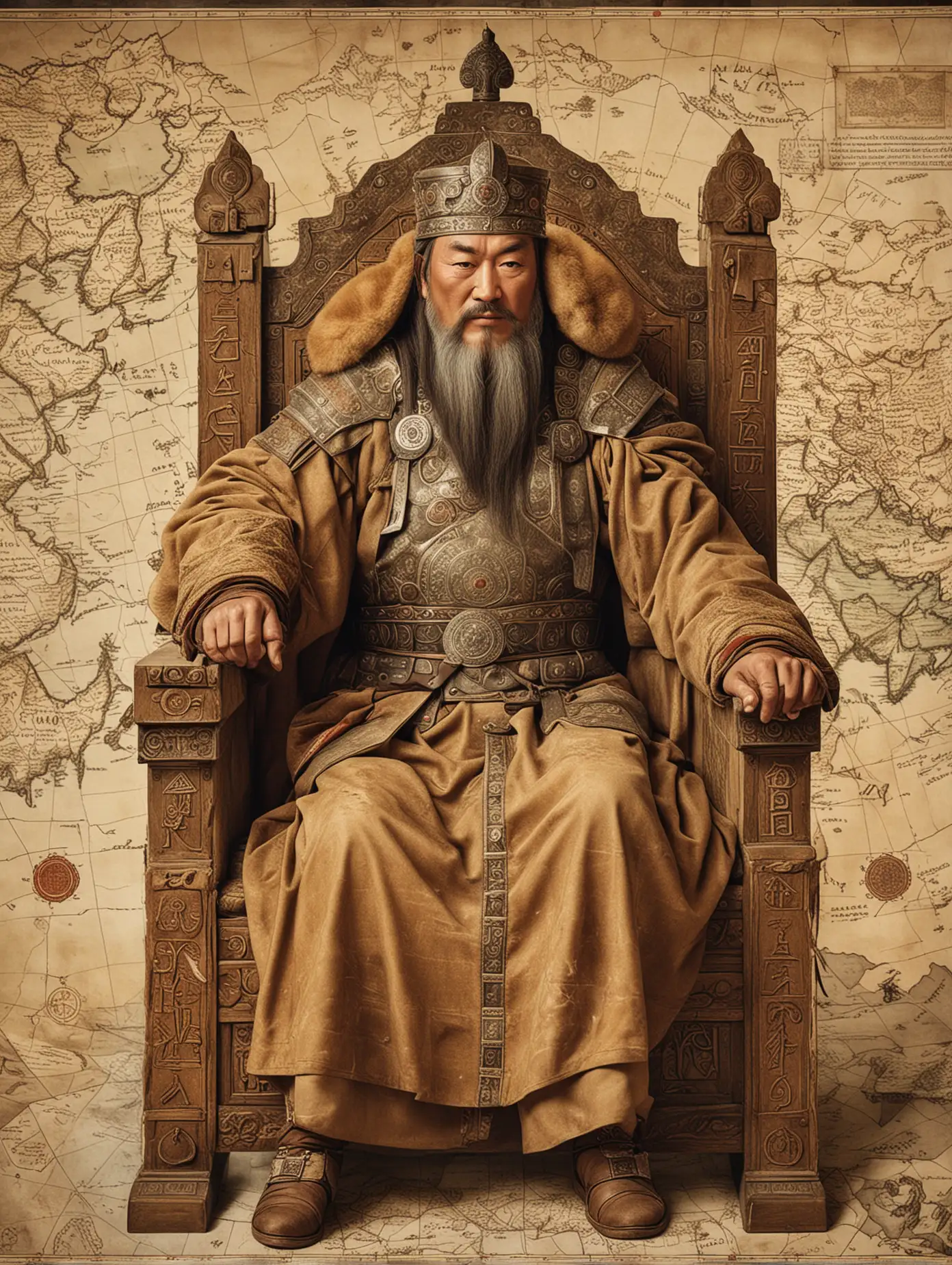 Genghis-Khan-Strategizing-on-His-Throne-with-Maps-and-Plans