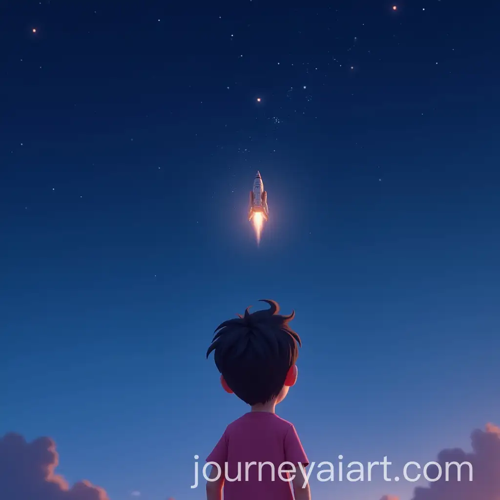 Boy-in-Pink-TShirt-Gazing-at-Shimmering-Spaceship-Under-Starry-Sky