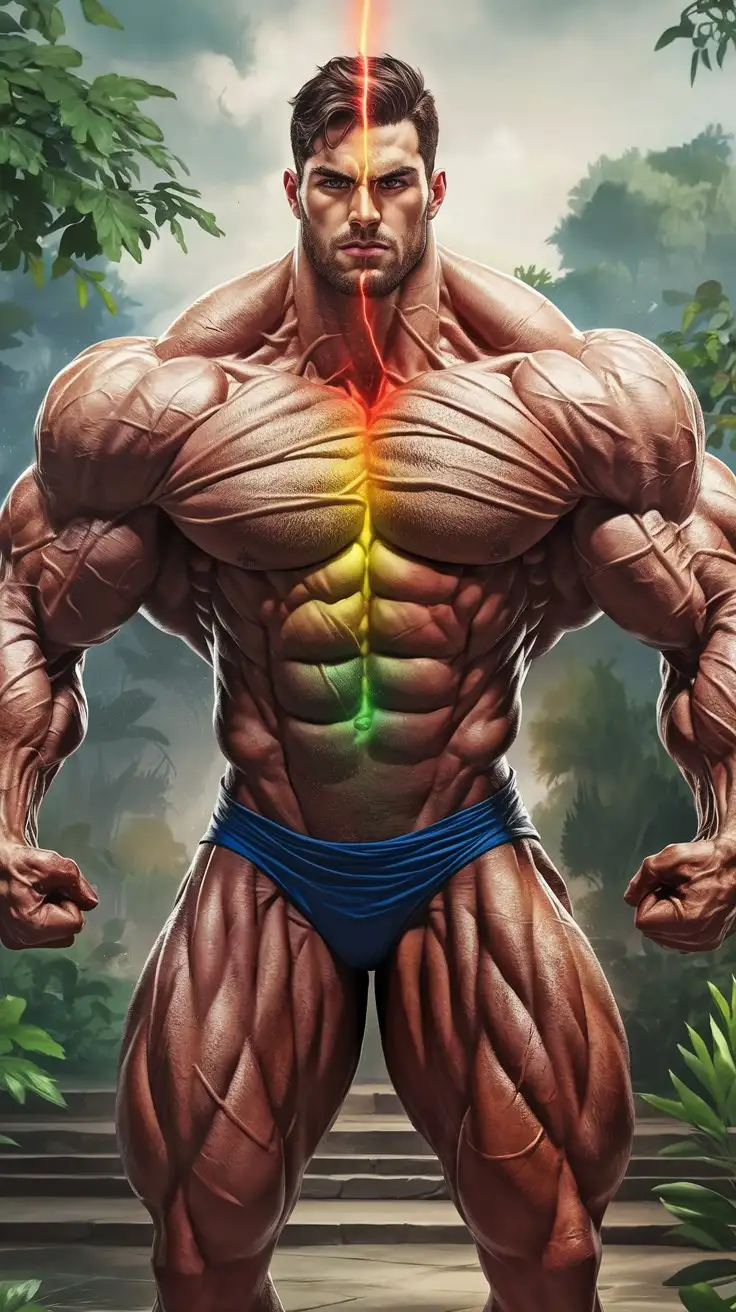 Powerfully muscled, hugely ripped, pumped, bodybuilder musclegod reverently receives chakra powers, becomes a mighty superhero. 24 years old. Photorealistic.