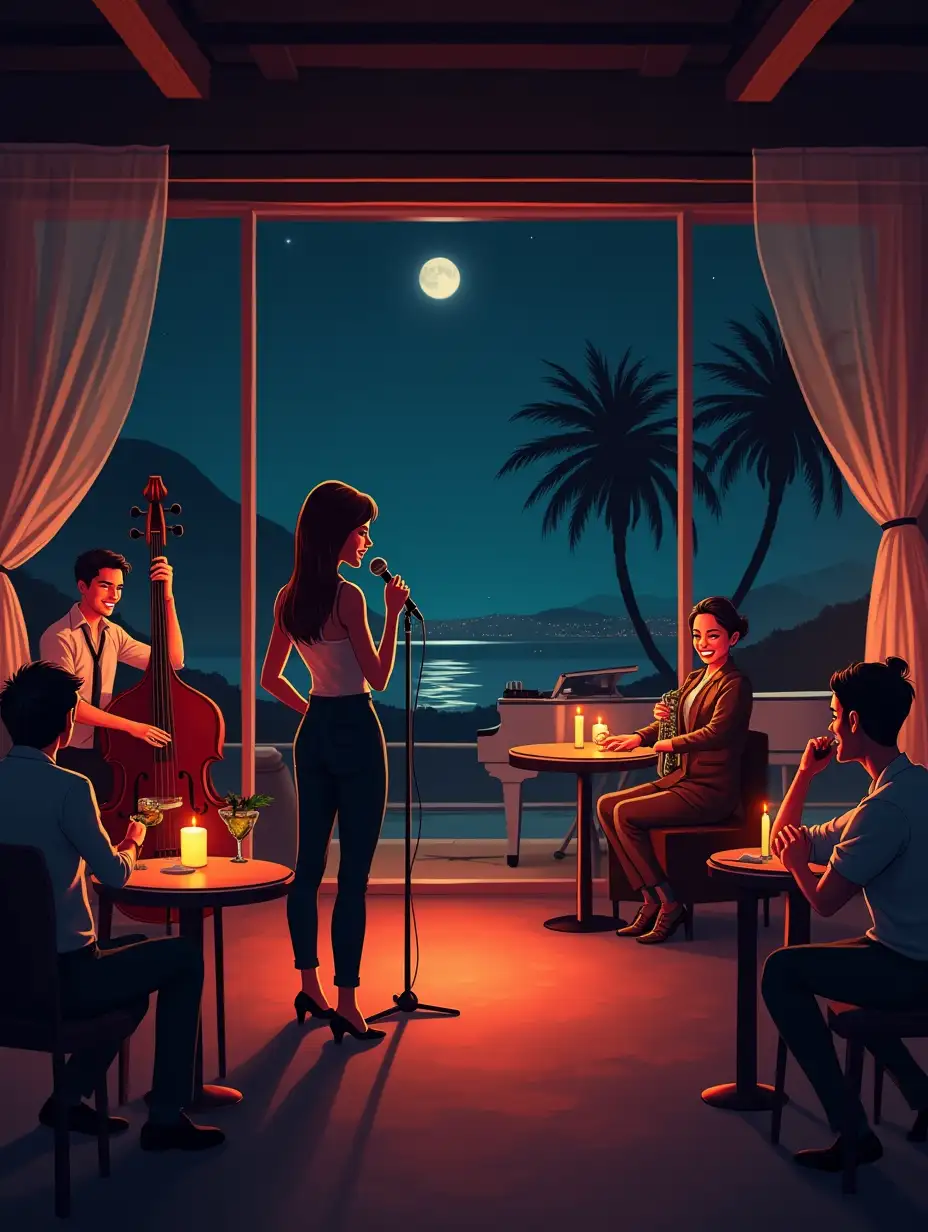 cozy palette, slightly noir or illustrated animation style, high quality, A cozy, stylish jazz bar inside a luxury hotel in Vilamoura, Algarve, during a region-wide blackout. A cool female jazz singer stands on a small stage with a vintage microphone, performing a song for a small, relaxed audience seated at candle-lit tables. The bar glows softly with warm candlelight and a few decorative lanterns. The band includes a double bass, saxophone, and a sleek white grand piano. Outside the large glass windows, palm trees sway gently in the darkness, with the faint moonlight reflecting off a nearby swimming pool and distant marina. The vibe is elegant yet playful, with guests smiling, sipping cocktails, and enjoying the irony of a blackout in a high-end resort. Format: 16:9, warm Mediterranean tones,