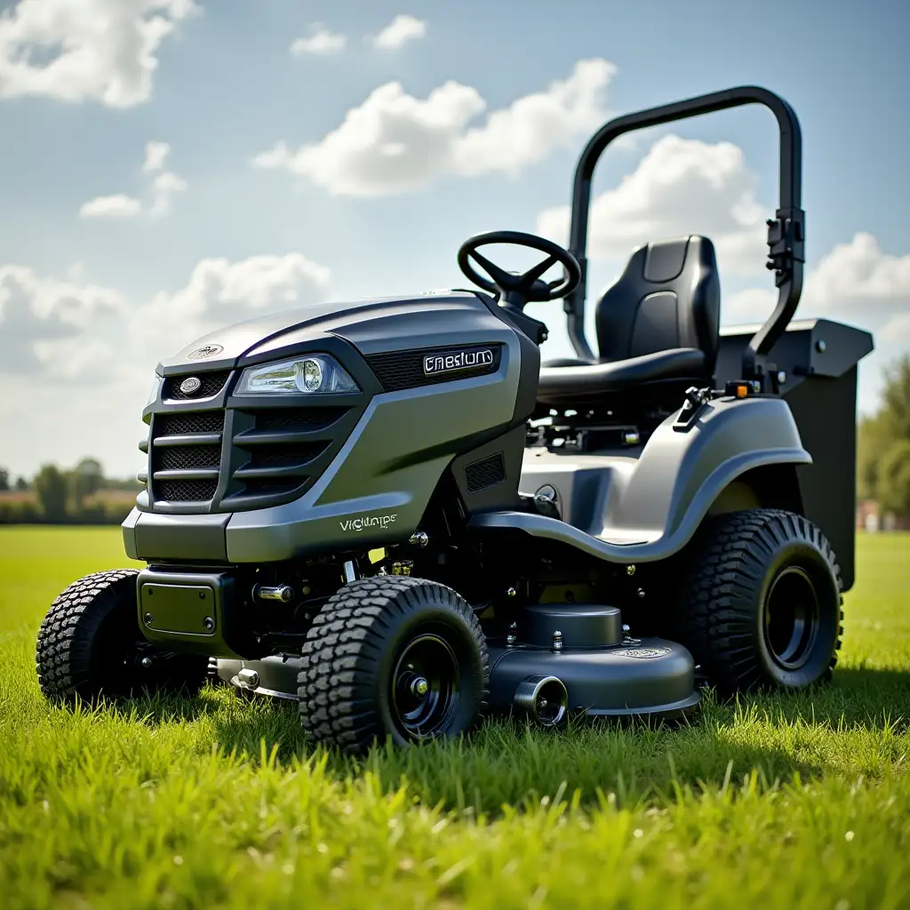 A new and big lawn mower painted in metallic mica / black color with a semi gloss finish, out on the grass on a sunny day with no people