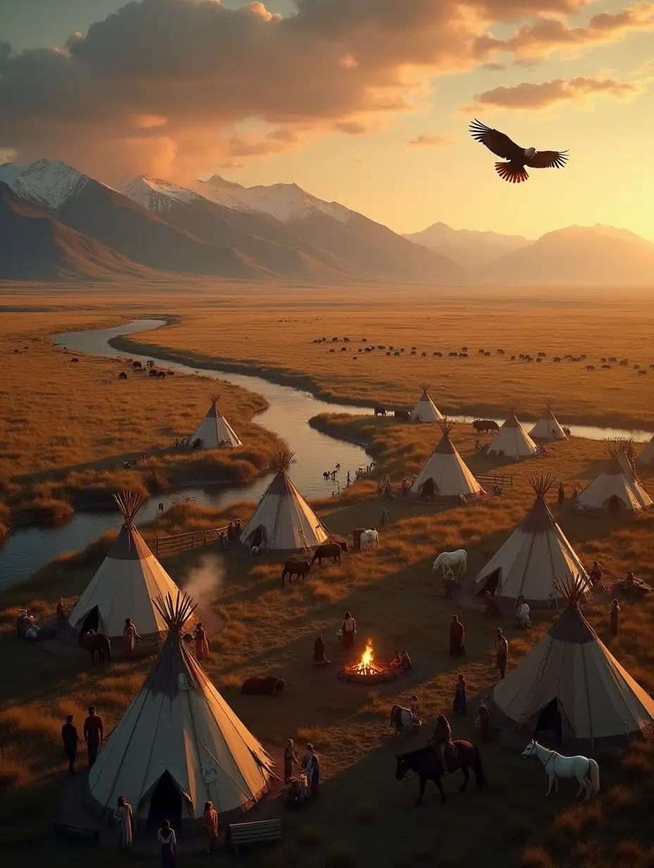 Birds-Eye-View-of-a-Native-American-Lakota-Indian-Camp-with-Horses-River-and-Buffalo-Herd-at-Sunset