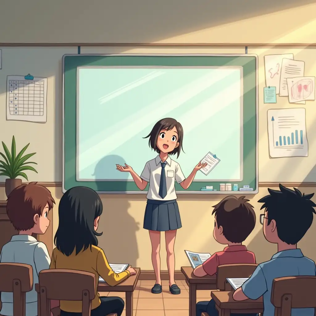 Anime teacher teaching on the white board and a bunch of students learning