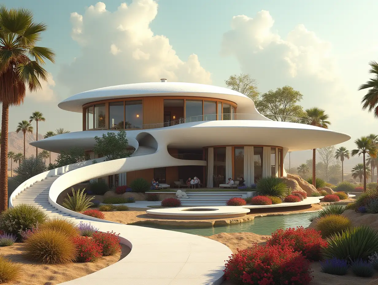 Create a high-resolution, realistic panorama image of a futuristic terrace building with window UFO house with bridge, one and one with people, many plants and colorful flowers White and brown facades in the desert oasis, large trees, very cloudy sky