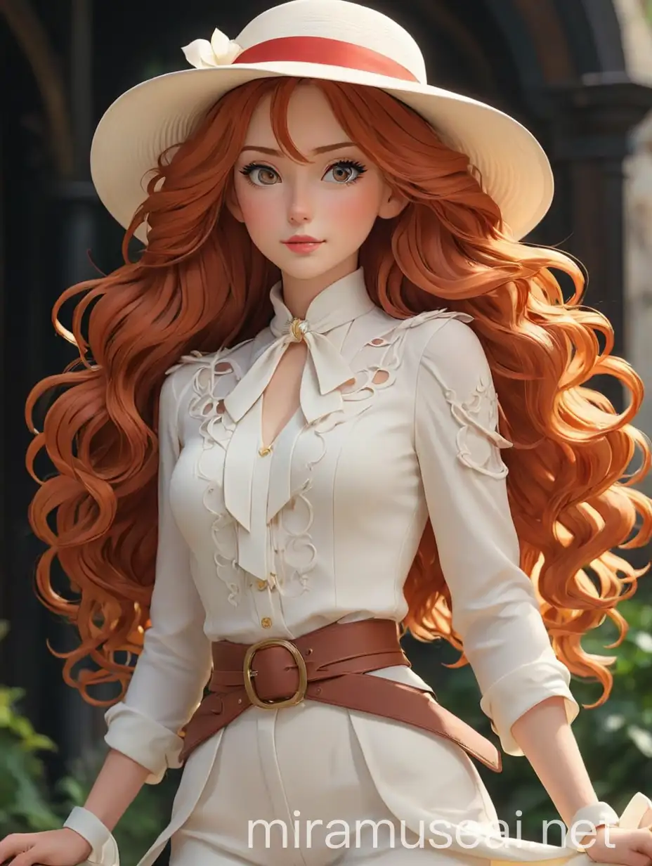 AnimeInspired RedHaired Woman in Elegant White Outfit