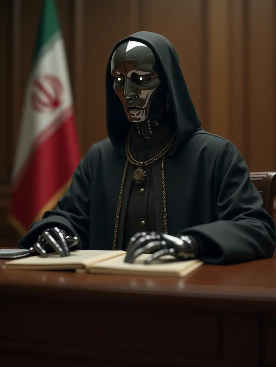 A robot in a court in Iran is sitting at a table in the clothes of a cleric and is deciding to choose a criminal